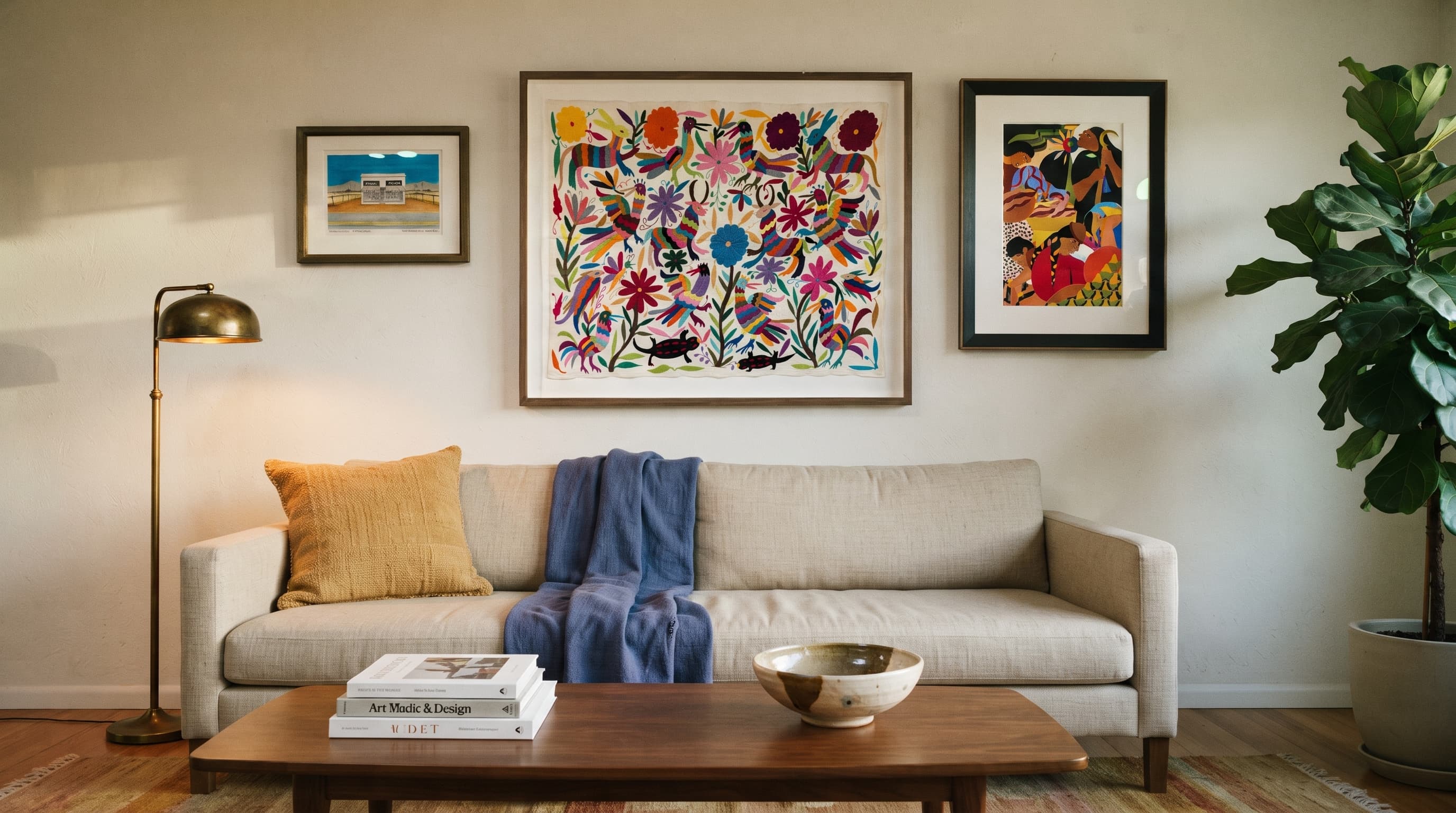A curated wall of three framed pieces anchored by a large Otomi embroidered textile in a walnut float frame